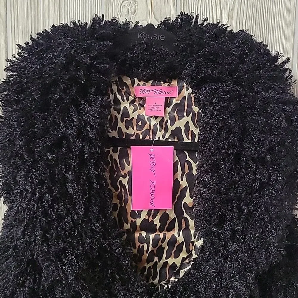 Betsey Johnson Black Faux Fur Vest Animal Print Lining Womens Size Small NWT